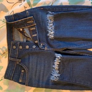 High waist button up jeans w/fringe
